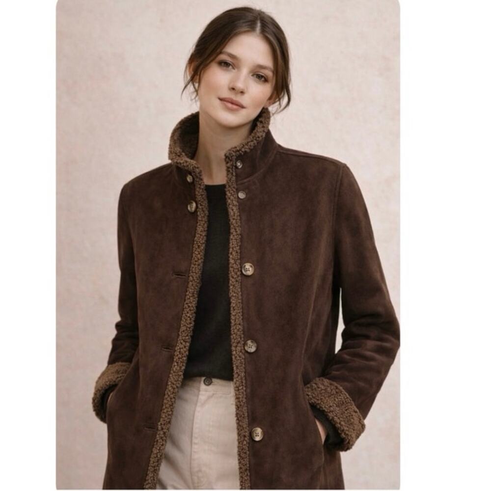 L.L. Bean Chocolate Brown Faux Suede and Shearling Coat NWOT - Picture 3 of 10